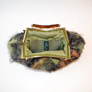Large trapeze clutch bag with handle, brocade blue with flowers