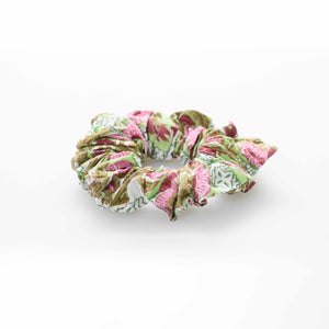 Scrunchie for hair made of Indian cotton hand-printed White and Pink
