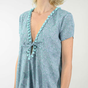 Vestito estivo in cotone indiano stampato a mano turchese