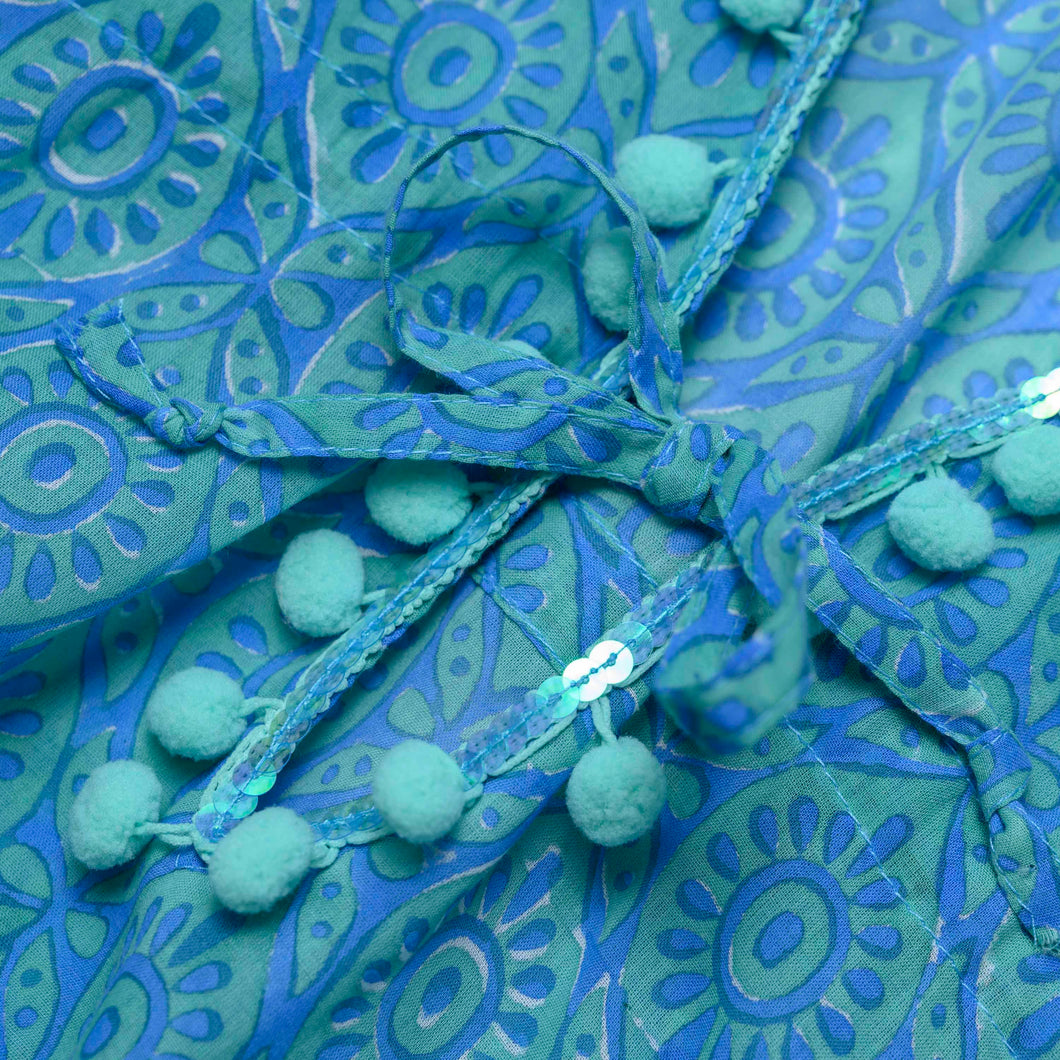 Vestito estivo in cotone indiano stampato a mano turchese