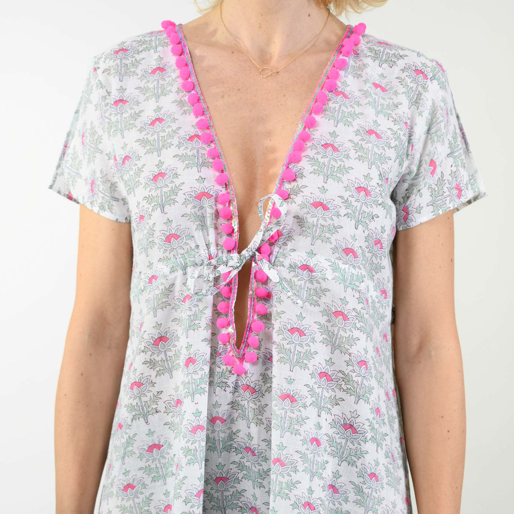 Vestito estivo in cotone indiano stampato a mano bianco e fucsia